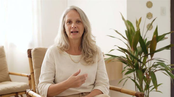 Marcia Rosa sentada, falando para a câmera